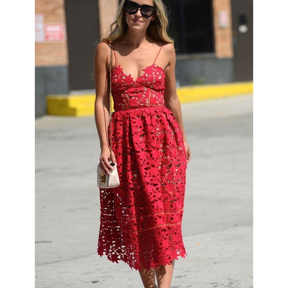 Self-Portrait 3D Floral Azaelea Tomato Red Lace Midi Dress SP16-009R US 6 NEW